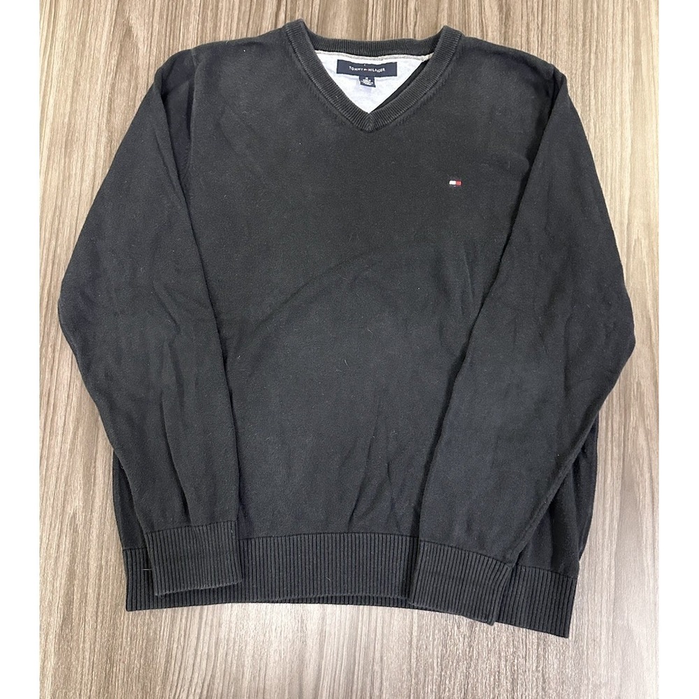 Tommy Hilfiger Men's Medium Black‎ V Neck Sweater Pullover Preppy Classic Logo
